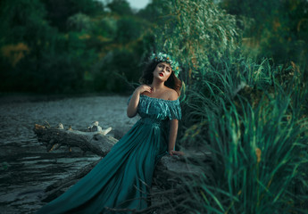 Fototapeta premium Luxury witch in a long green dress, flowing hair and wreath of wild flowers and grasses, on the background of the lake she sitting on a log 