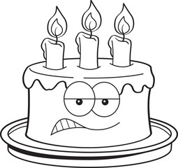 Black and white illustration of an angry birthday cake.