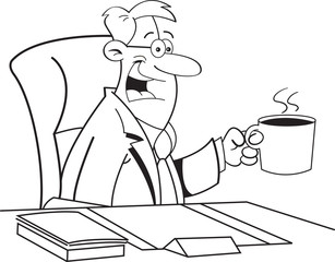  Black and white illustration of a man sitting at a desk with a cup of coffee.