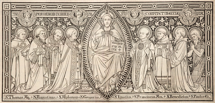 BRATISLAVA, SLOVAKIA, NOVEMBER - 21, 2016: The lithography of Jesuts among saints designed by unknown artist with initials F.M.S (end of 19. cent.) and printed in Germany by Typis Friderici Pustet.