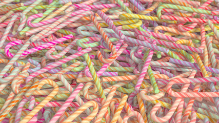 A mesy pile of colorful candy canes. This image is a 3D illustration.
