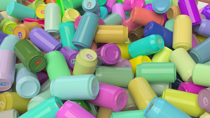 A messy pile of vibrantly colored soda cans. This image is a 3D illustration.