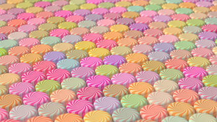 Fototapeta na wymiar An ordered array of swirl candy in a assorted, warmly leaning colors. This image is a 3D Illustration.