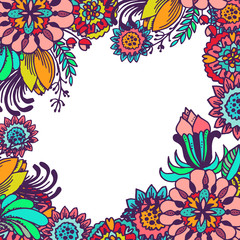 Flowers doodle - hand drawn vector decorative frame. Sketched flowers, leaves and blossoms illustration for greeting card