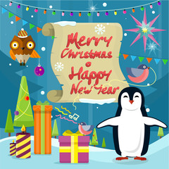 Merry Christmas and Happy New Year Poster Penguins
