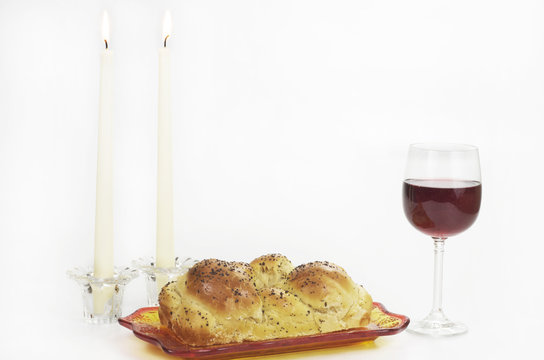 Shabbat Observance, Challah,Two Candles,Glass Of Wine