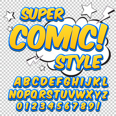 Comic alphabet set. Letters, numbers and figures for kids' illustrations, websites, comics, banners