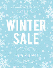 Fototapeta na wymiar Blue Christmas poster with snowflakes and sale offer, vector