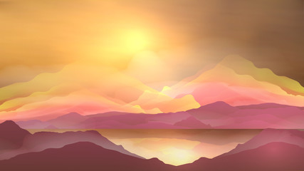 Fototapeta na wymiar Abstract Sunrise Mountains with Lake - Vector Illustration