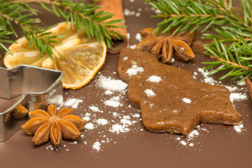 Christmas baking gingerbread, background:  cinnamon, star anise, vanilla and cookie cutters.