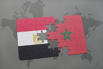 puzzle with the national flag of egypt and morocco on a world map.