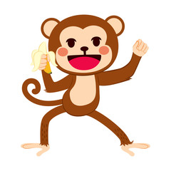 Happy funny active monkey holding banana fruit