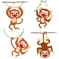 Tissu par mètre Singe Ensemble drôle mignon de singes jouant accrochés aux branches et aux lianes