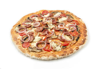 Delicious pizza with sausages, mushrooms and onion on white background