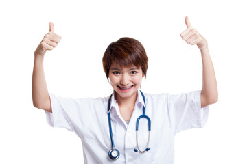 Young Asian female doctor show  two thumbs up.