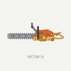 Line flat vector icon with building electrical tool - chainsaw . Construction and repair work. Powerful industrial instrument. Cartoon style. Illustration and element for your design. Engineering.