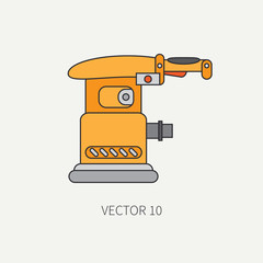 Line flat vector icon with building electrical tool - polisher. Construction and repair work. Powerful industrial instrument. Cartoon style. Illustration and element for your design. Engineering.