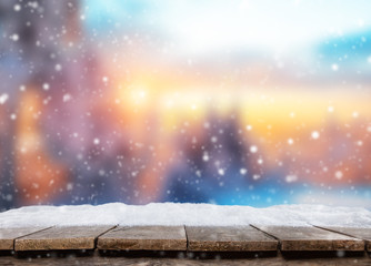 Obraz premium Empty wooden planks with abstract winter background