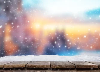 Crédence de cuisine en verre imprimé Hiver Empty wooden planks with abstract winter background