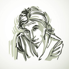 Vector illustration of young female, art image. Black and white