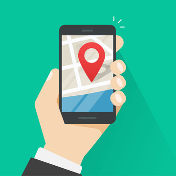 Mobile phone geo location, hand with smartphone gps navigator city map and pin pointer, roadmap direction, idea of quest game route, person found location vector illustration isolated