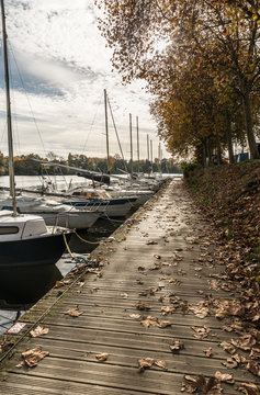 Ponton sur les bords de l'Erdre en automne (Nantes, Loire Atlantique)