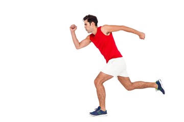 Male athlete running on white background