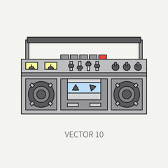 Line flat vector icon with retro electrical audio device boombox. Analog broadcast. Music. Cartoon style. Nostalgia musical equipment. Vector illustration and element for your design. Receiver. Loud.