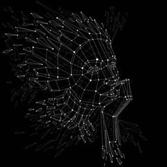 Face of a thinking woman created in low poly style and with conn