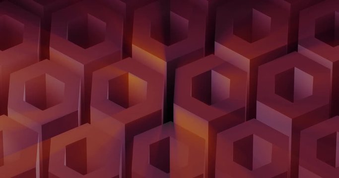 A slow moving 4K looping background design animation of 3D hexes with light rays.