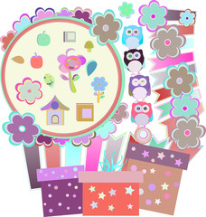 Background with owl, flowers, birds and gift boxes,