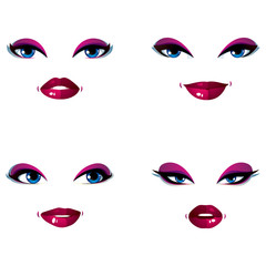 Set of vector beautiful female visage with stylish makeup, eyes