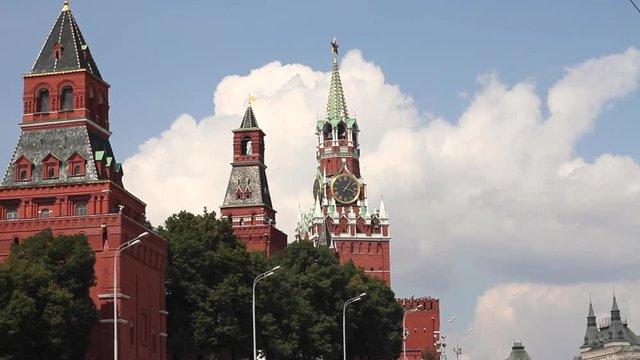 View on Kremlin and Spasskaya clock tower. Historic center of Moscow