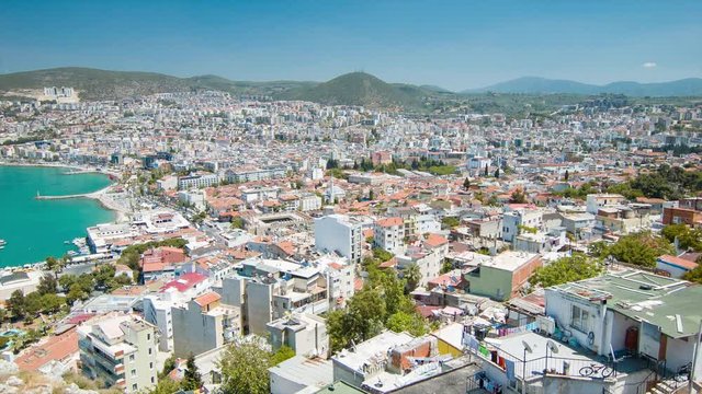 Kusadasi Turkey Panoramic Establishing Landscape Shot Panning Over Wide Horizon of the Middle Eastern Turkish Holiday Destination against the Aegean Sea