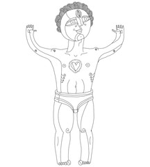 Vector illustration of nude man, mystic God. Hand drawn image of