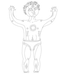 Vector black and white illustration of nude man, God of sun. Han