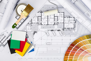 Construction plans with whitewashing Tools and Colors Palette on