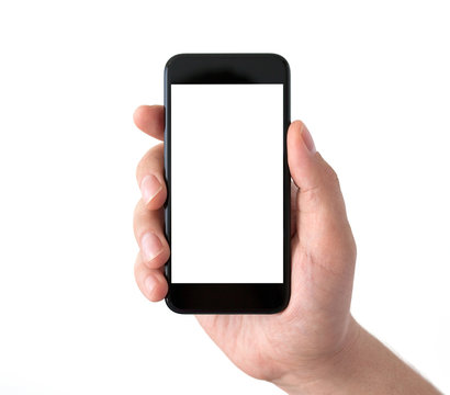 Isolated man hand holding black phone with white screen