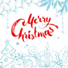 Christmas objects and lettering on white background