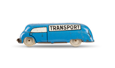 Old toy car on white background