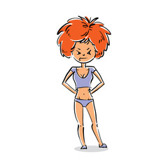 Vector full-length portrait of sly red-haired lady. Cartoon hand