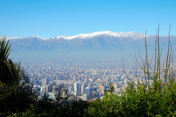 Panoramic view of Santiago de Chile from Cerro San Cristobal with the Andes in the background in Chile, South America