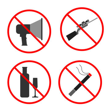 No Noise, Gun, Alcohol, Smoke Sign and Symbol. Set prohibited icon. Vector illustration.
