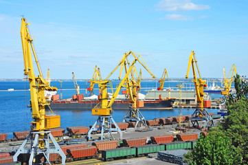 Bulk cargo ship and train under port crane