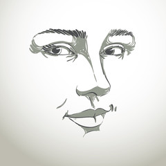 Black and white vector hand-drawn portrait of white-skin flirtin