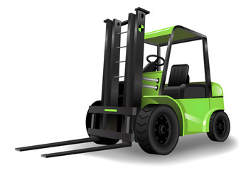 Warehouse forklift green on a white background. Vector graphics. Freight transport
