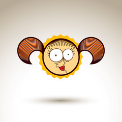 Vector graphic art drawing of kid face, hand drawn cute girl wit