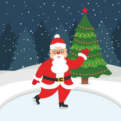 Happy new year and merry Christmas. Greeting card with christmas tree. Beautiful Santa skating on the winter ice-skating rink. Vector illustration.