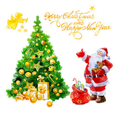 Watercolor Christmas card with Santa Claus gifts and Christmas tree and angel isolated on white background.