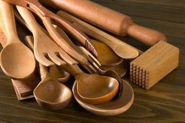Set of the wooden kitchen utensils